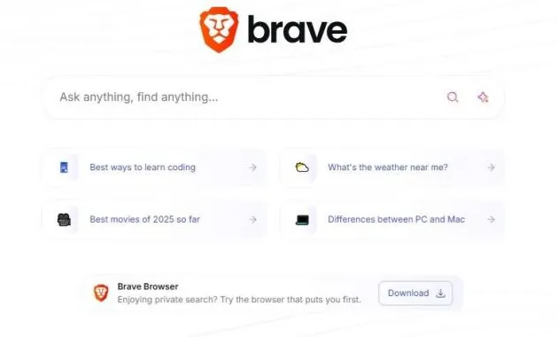 Antarmuka Brave Search yang bersih dan minimalis