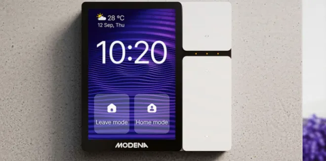 Ilustrasi ekosistem smart security MODENA yang menampilkan CCTV, smart lock, dan panel kontrol