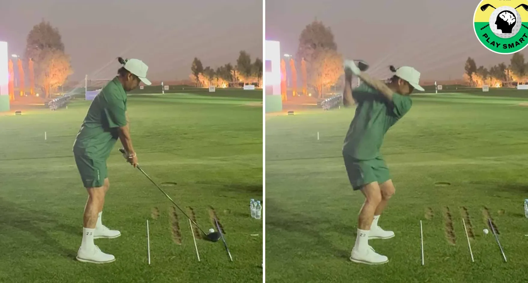 Anthony Kim berlatih dengan alignment stick, menunjukkan fokus pada setup dan alignment
