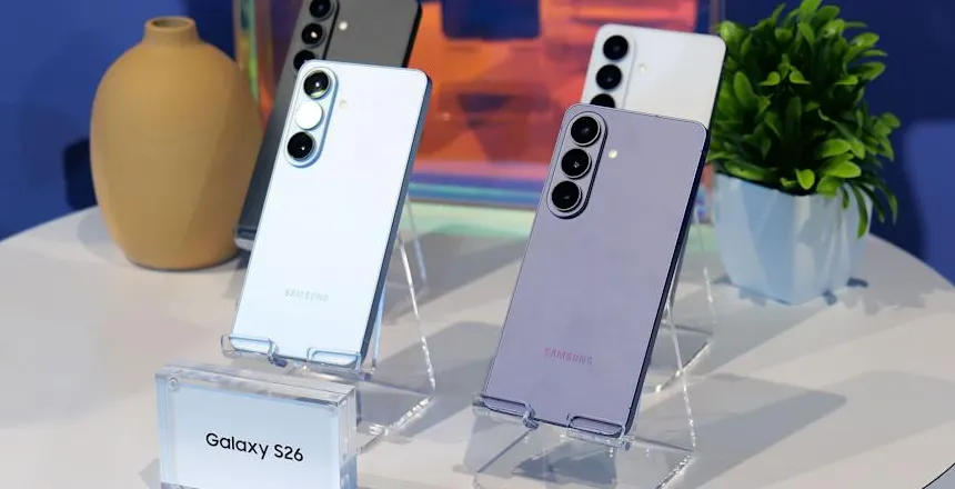 Empat pilihan warna Samsung Galaxy S26 yang tersedia di toko, termasuk ungu, biru, hitam, dan putih.