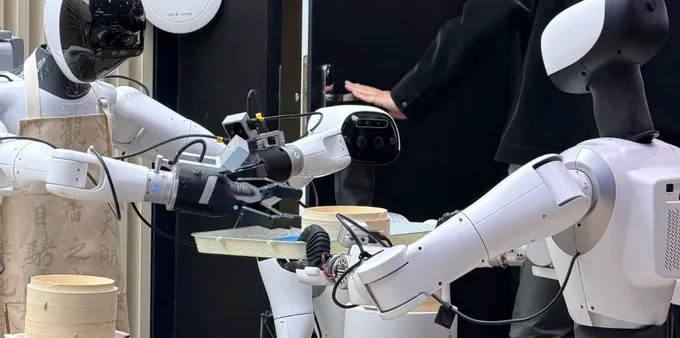 Humanoid robots interacting in a restaurant environment at MWC 2026