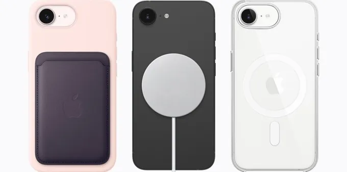 The iPhone 17e attached with a MagSafe Wallet, Charger, and Clear Case