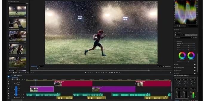Promotional image of the Studio Display XDR showing a player on a sports field in the rain.