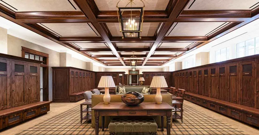 Player locker room in the Player Services Building at Augusta National