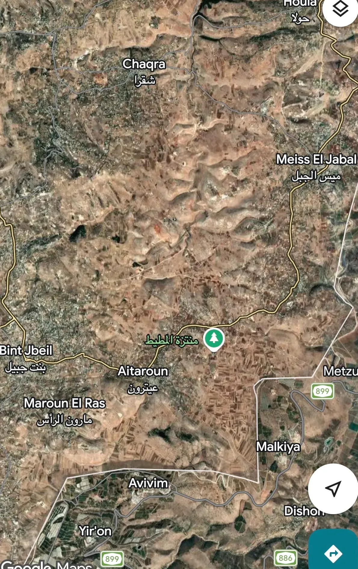 Google Maps labels multiple towns and villages in southern Lebanon near the border including Bint Jbeil Aitaroun and...